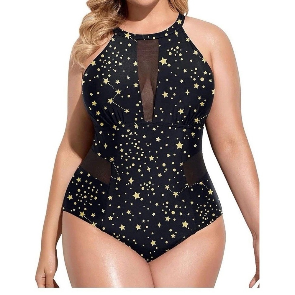 DACI Plus Size 16W Black & Gold Stars High Neck Plunge Mesh Cut Out Swimsuit